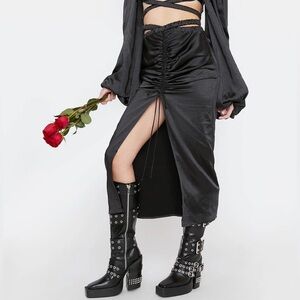 FOR LOVE AND LEMONS Pia Recycled Fiber Silky Drawstring Ruched Maxi Skirt Black